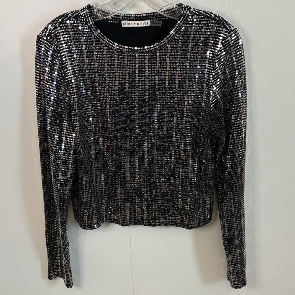 Alice + Olivia Delaina Metallic Square Sequin Long-Sleeve Crop Top ✨Statement